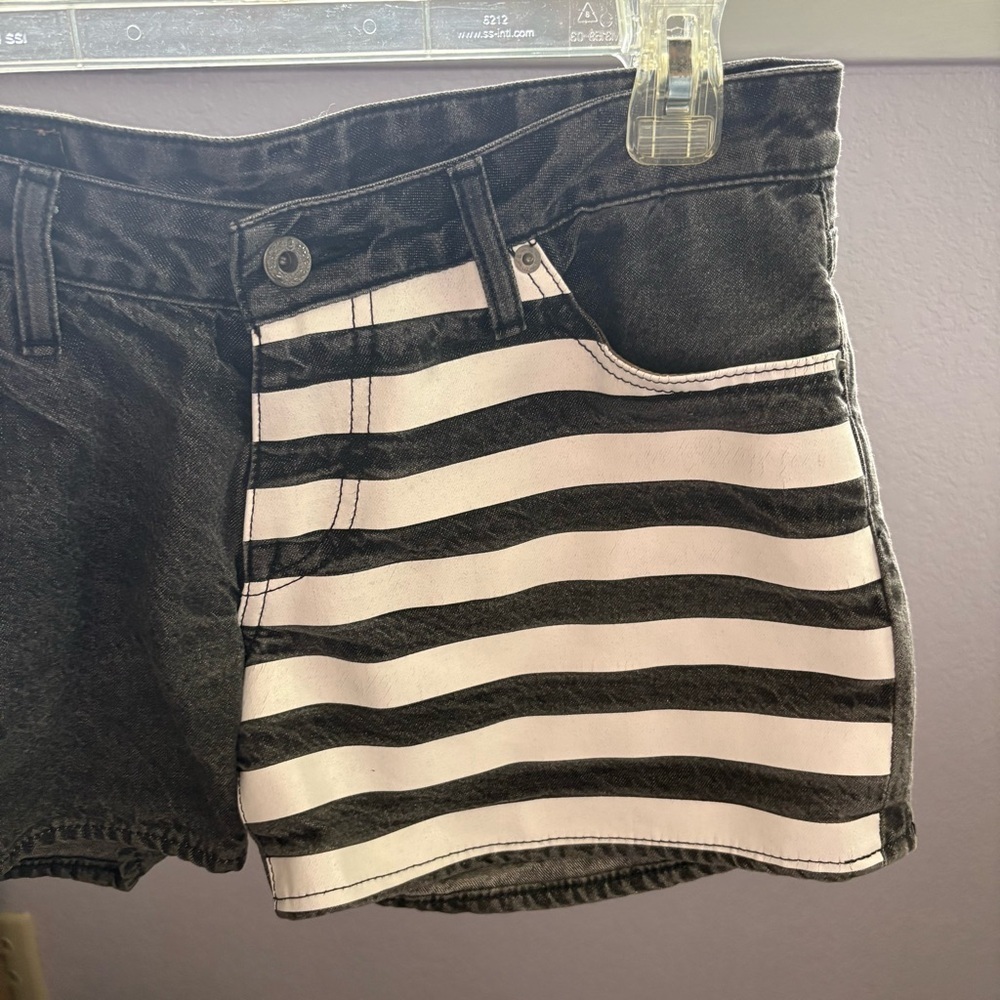 Bape Women sz S Faded Black Denim Shorts A Bathing Ape BAPESTA Striped Low Rise - Picture 3 of 14